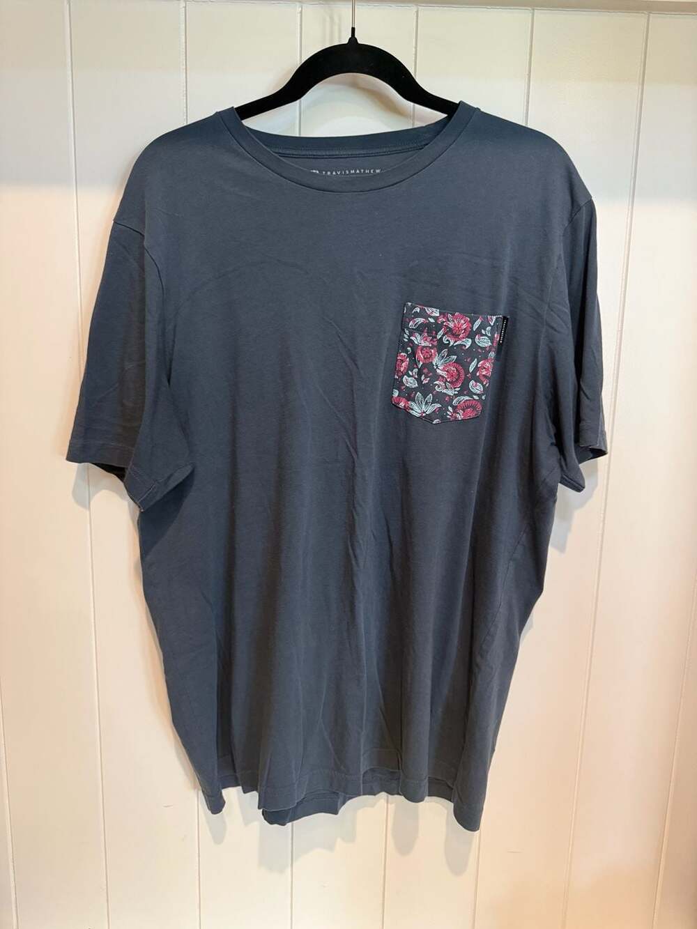 TravisMathew Flourish Pocket T-Shirt in Mood Indigo with Floral Pocket Detail